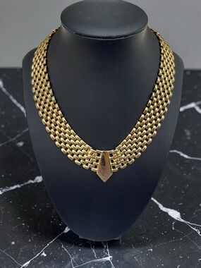 Vintage Gold Tone Panther Link Collar Necklace Shield Drop Choker Statement
